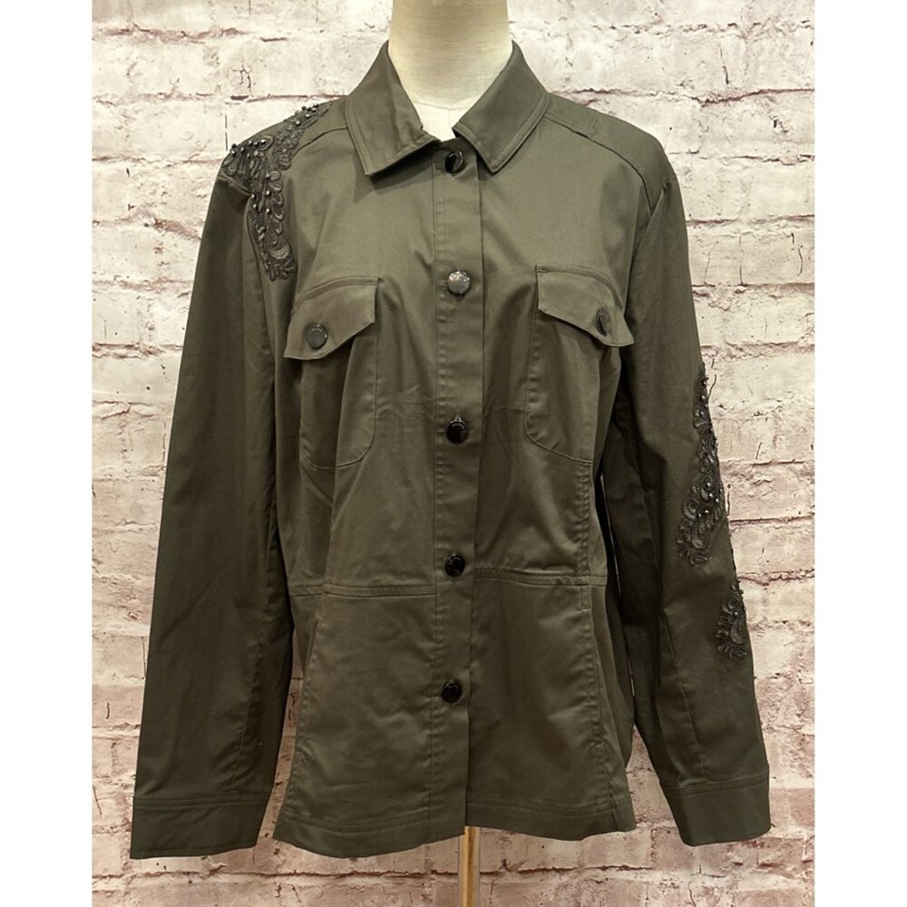 Chico’s 3 Lace Embroidered Embellished Appliqué Utility Army Green Jacket  16/18